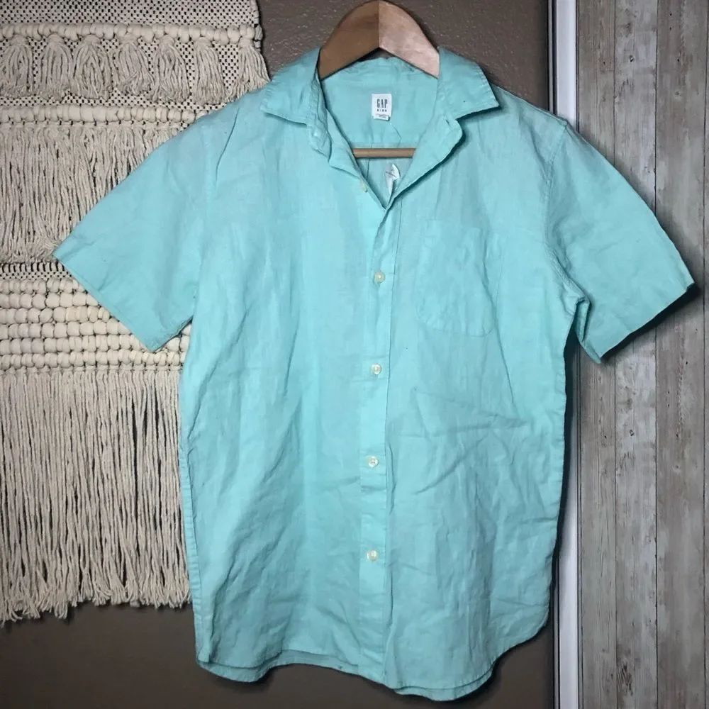 GAP Boys Teal Button-up Short Sleeve Shirt (14/16)